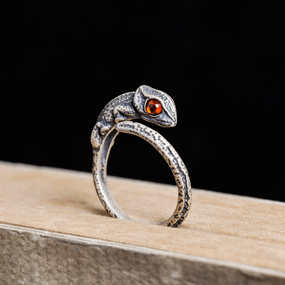 Sterling silver chameleon ring lizard with adjustable opening