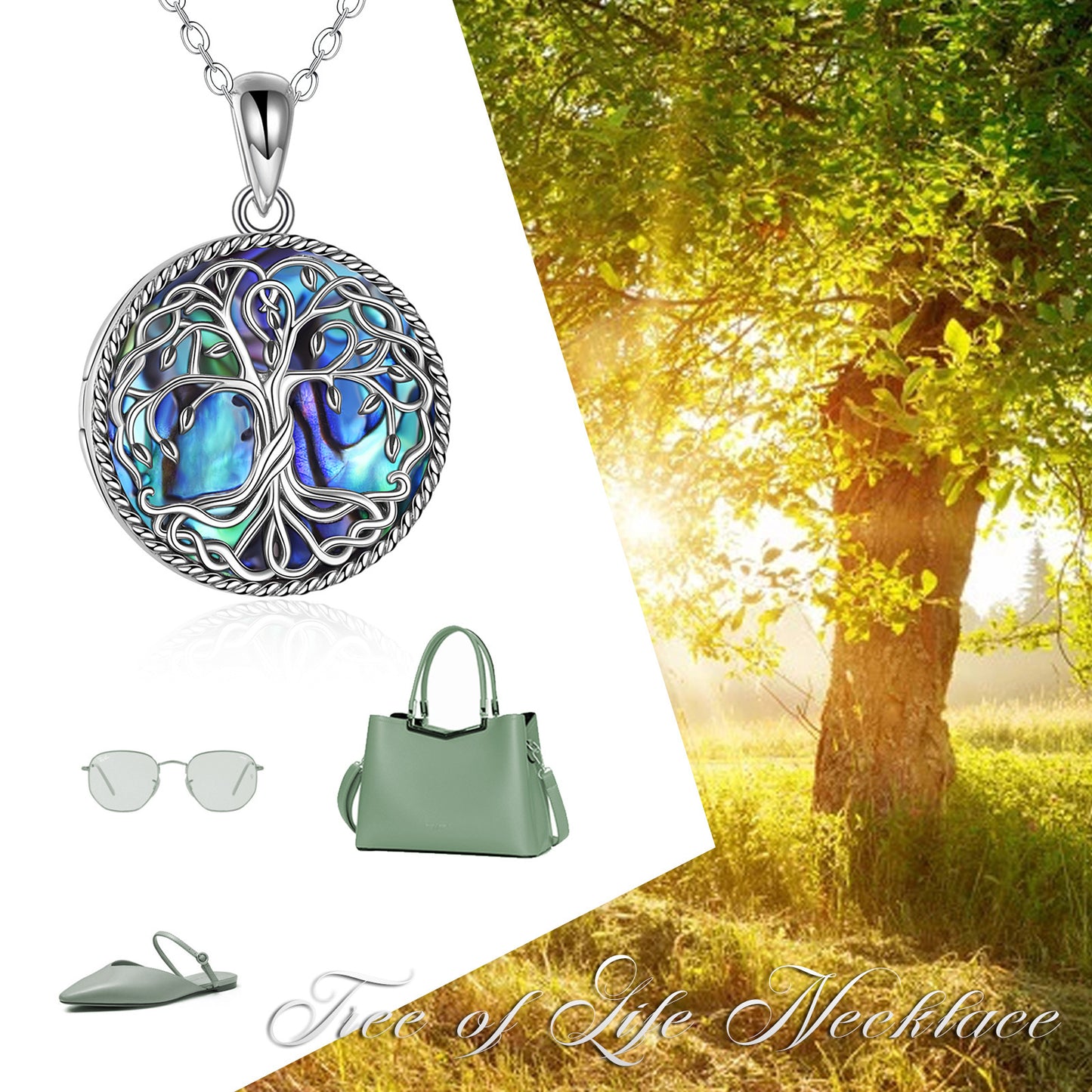 Tree of Life Locket Necklace for Women Sterling Silver Celtic Family Tree Abalone Shell Lockets