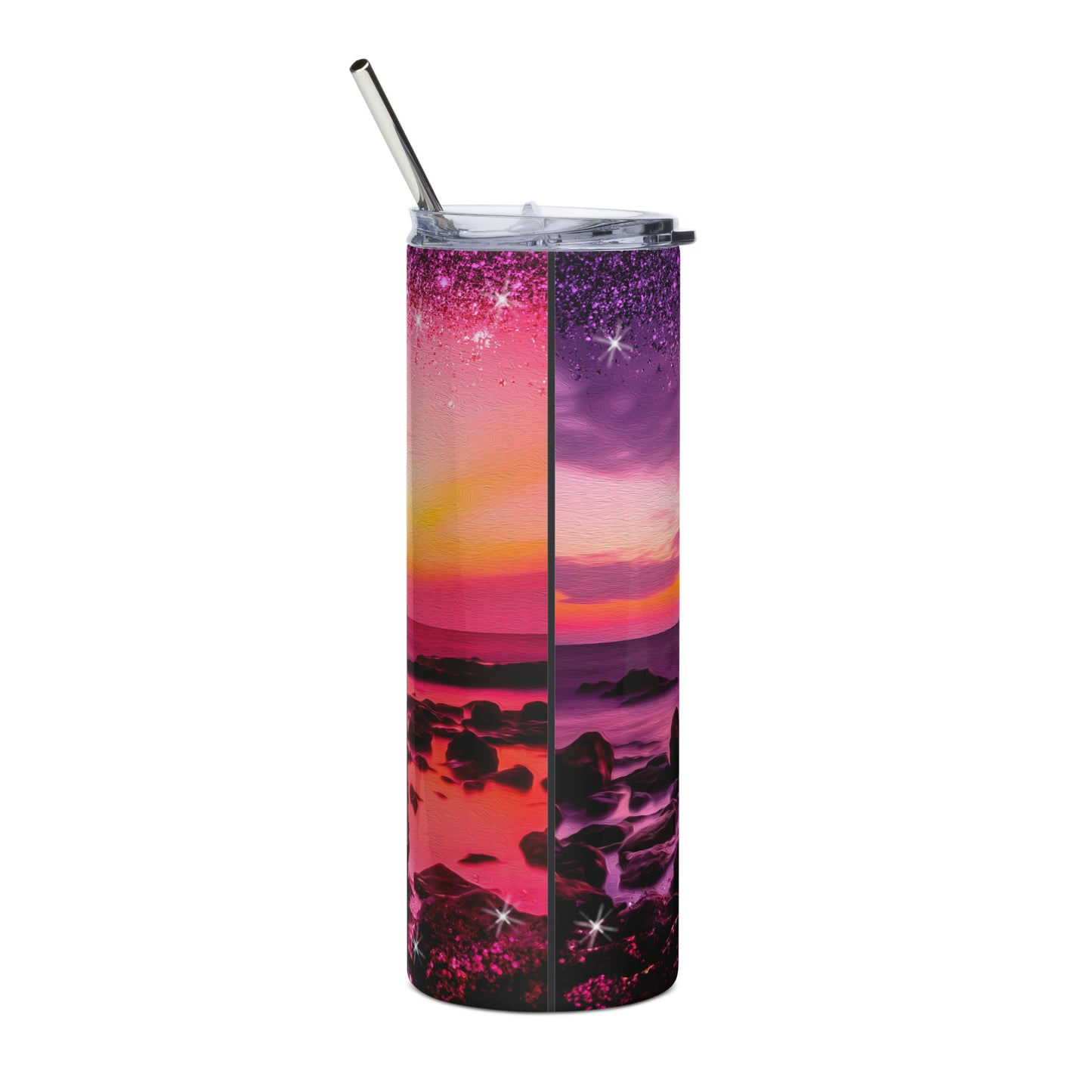 Purple Sunset on Rocky Beach Stainless steel tumbler