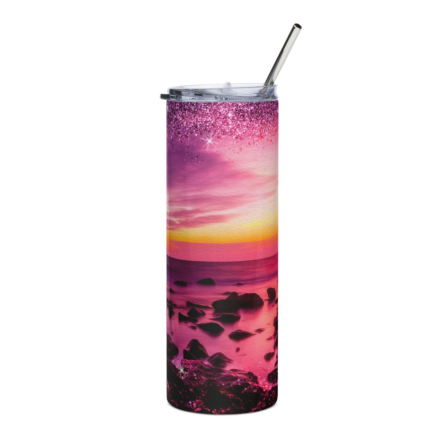 Purple Sunset on Rocky Beach Stainless steel tumbler