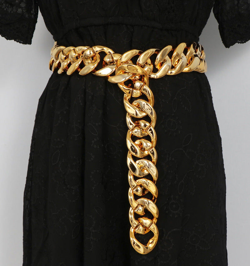 Street Personality Metal Gold Thick Wide Waist Chain Decoration