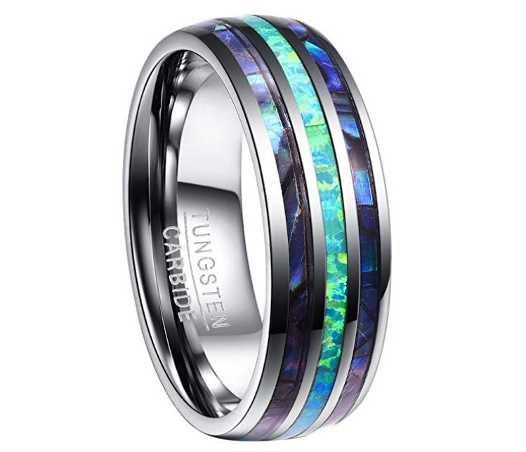 Nuncad Tungsten Carbide Ring Band Abalone Shell and Synthetic Opal