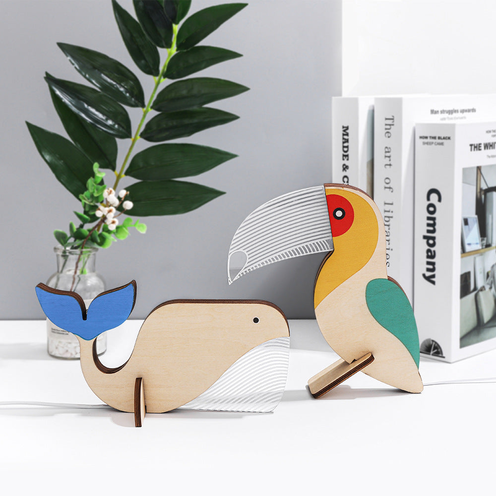 Animals LED Night Light Wood Acrylic Table USB Lights Decorate For Children Baby Kids Bedside Lamp Pelican Sirius Whale Toucan