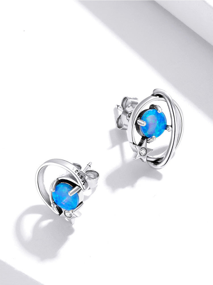 Sterling Silver Earrings For Women With Opal Blue accents