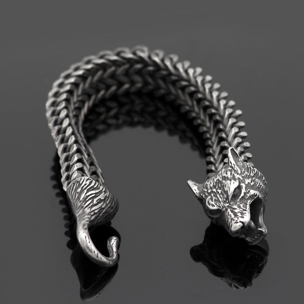 Bracelet Men Stainless Steel Vintage Black Wolf Head Cuban Chain Hand Wristband Male Fashion Jewelry Accessories Father's Day  Gifts