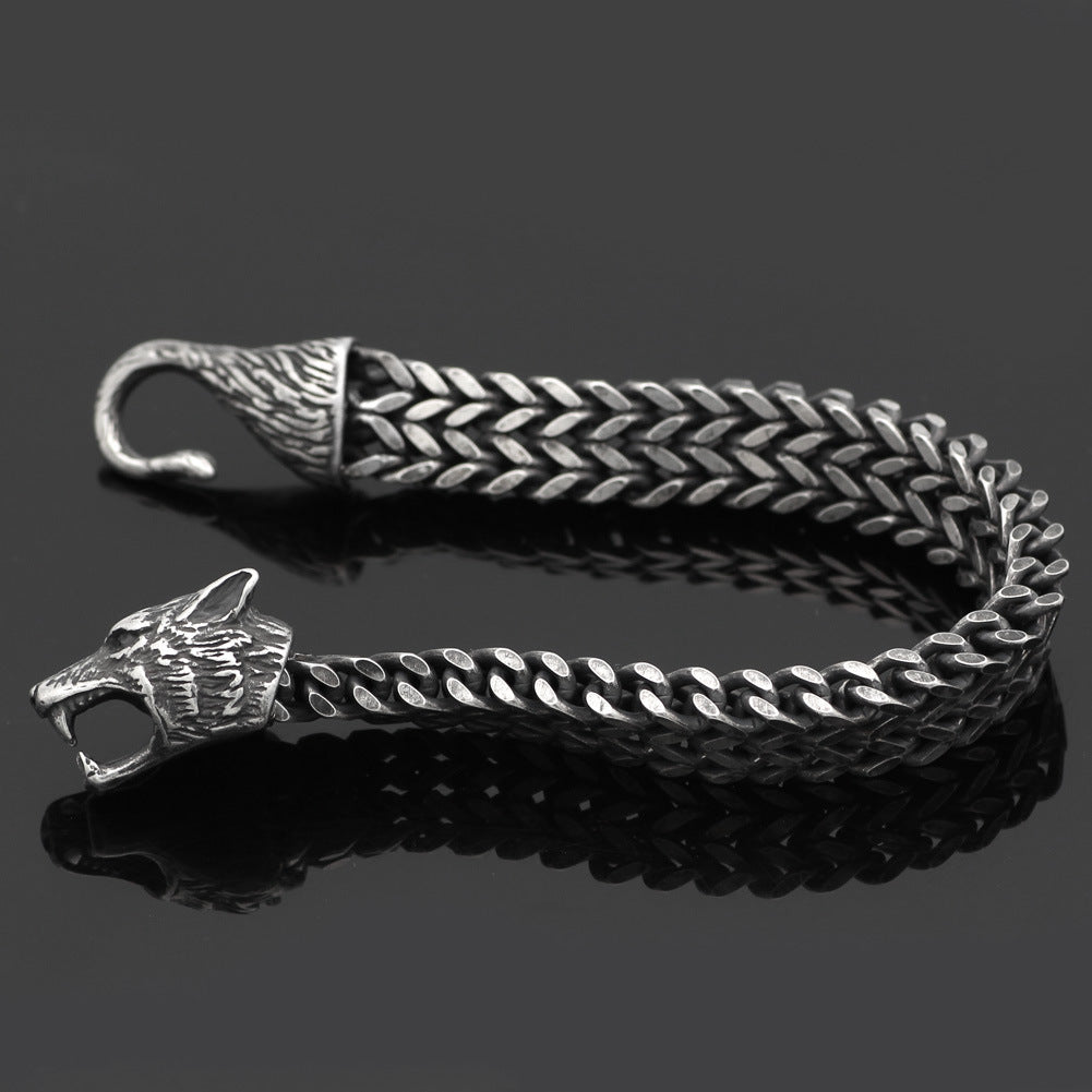 Bracelet Men Stainless Steel Vintage Black Wolf Head Cuban Chain Hand Wristband Male Fashion Jewelry Accessories Father's Day  Gifts