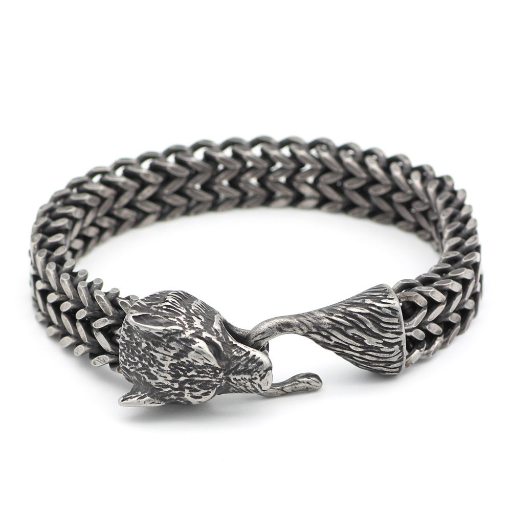 Bracelet Men Stainless Steel Vintage Black Wolf Head Cuban Chain Hand Wristband Male Fashion Jewelry Accessories Father's Day  Gifts