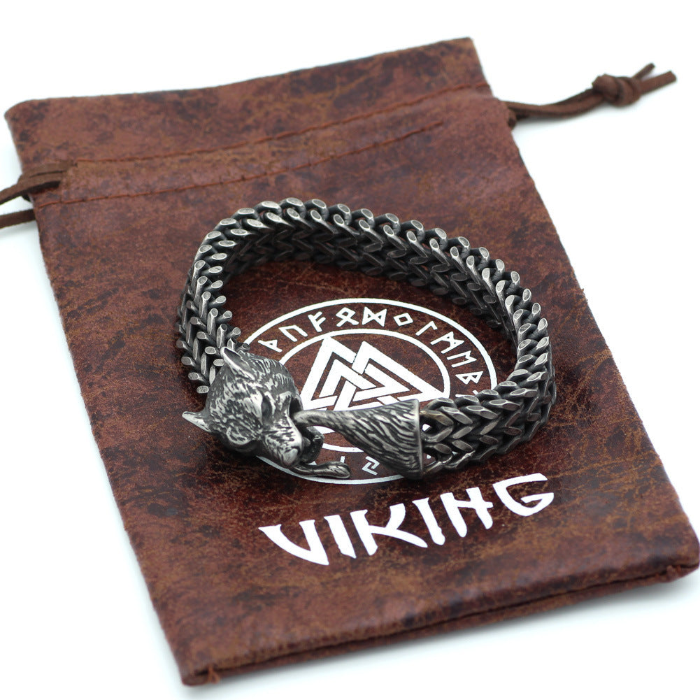 Bracelet Men Stainless Steel Vintage Black Wolf Head Cuban Chain Hand Wristband Male Fashion Jewelry Accessories Father's Day  Gifts
