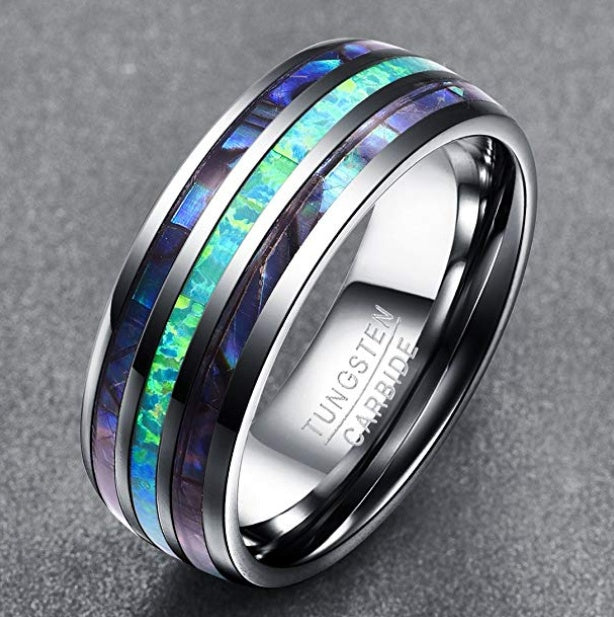 Nuncad Tungsten Carbide Ring Band Abalone Shell and Synthetic Opal