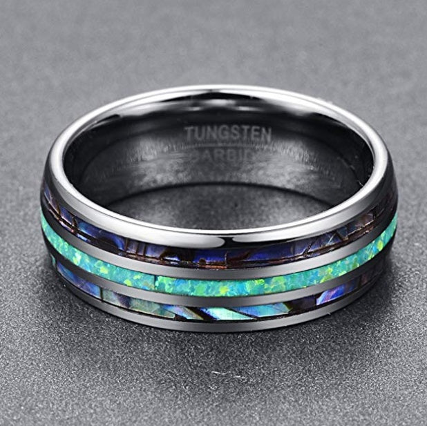 Nuncad Tungsten Carbide Ring Band Abalone Shell and Synthetic Opal