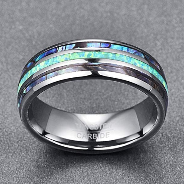 Nuncad Tungsten Carbide Ring Band Abalone Shell and Synthetic Opal