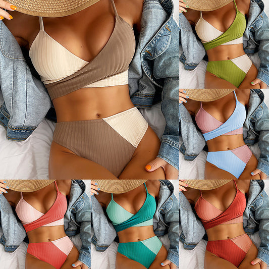 Bikini Patchwork Swimwear Ribbed Women's Swimsuit Knot Back Beachwear Bathing Suits