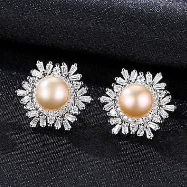 Sterling Silver Snowflake Stud Earrings Korean Gemstone Pearl Earrings Fashion Silver