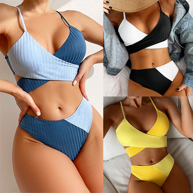 Bikini Patchwork Swimwear Ribbed Women's Swimsuit Knot Back Beachwear Bathing Suits