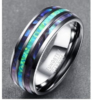 Nuncad Tungsten Carbide Ring Band Abalone Shell and Synthetic Opal