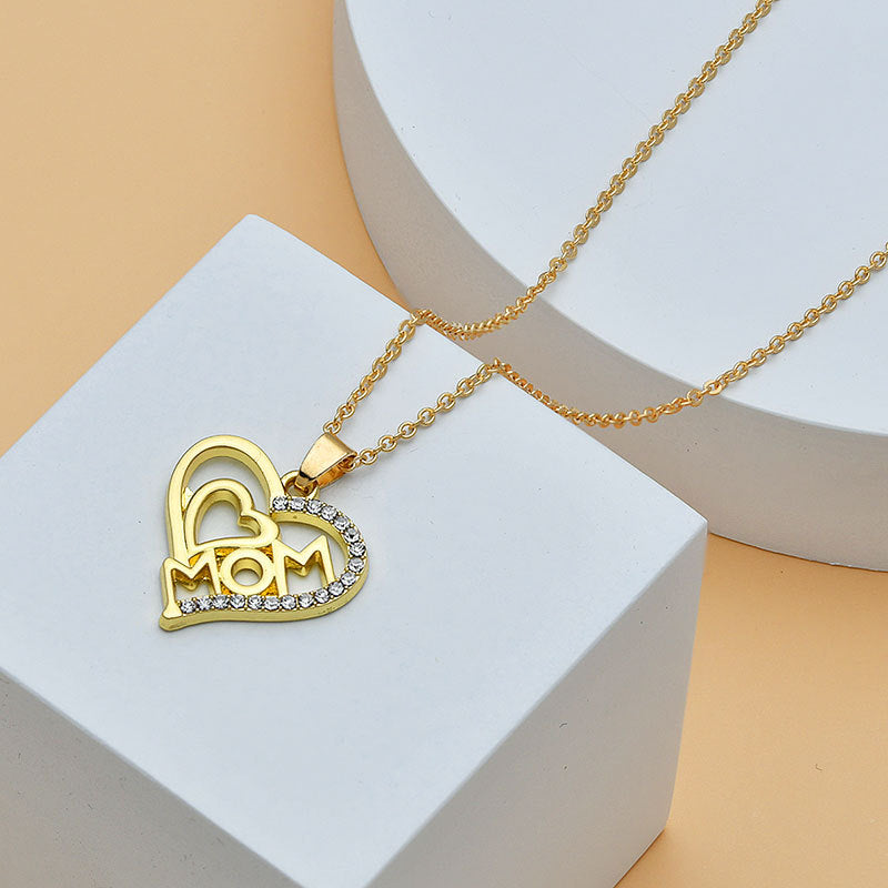 Mother's Day Mom Heart Shape With Diamond Letter Necklace Women Fashion Jewelry