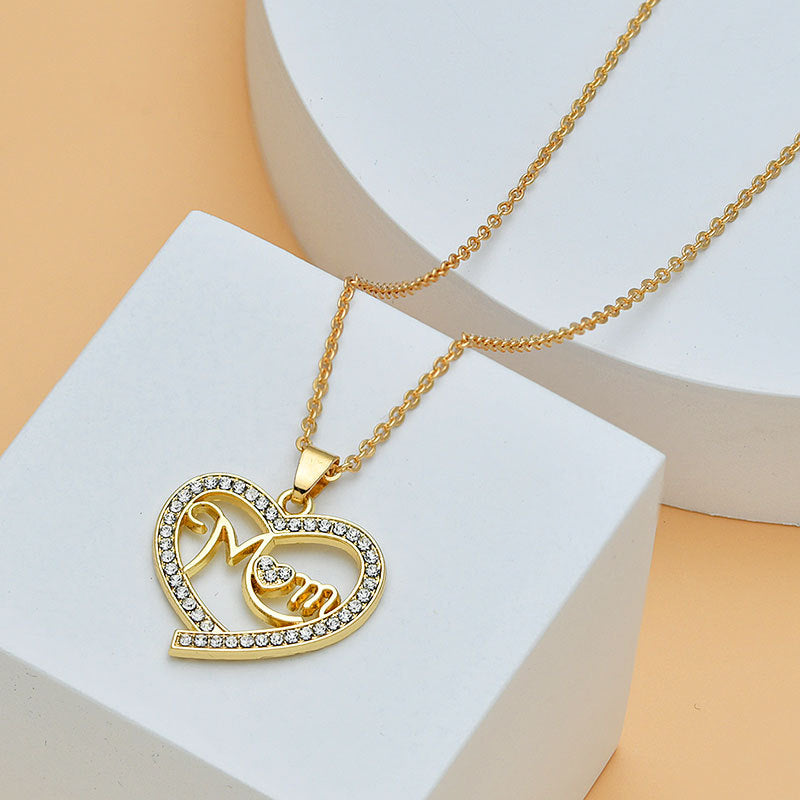 Mother's Day Mom Heart Shape With Diamond Letter Necklace Women Fashion Jewelry