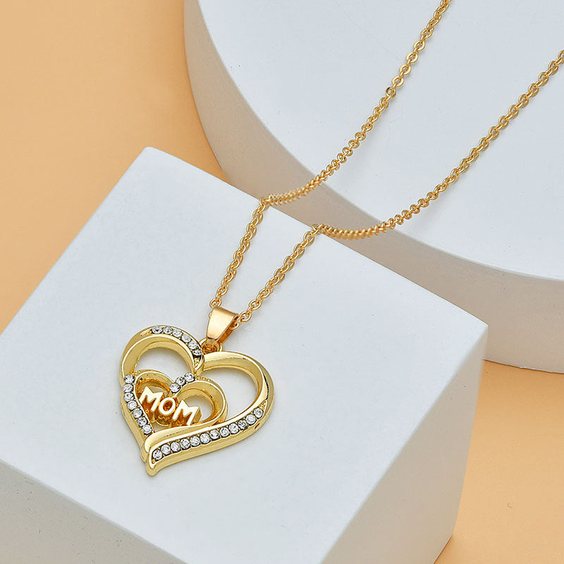 Mother's Day Mom Heart Shape With Diamond Letter Necklace Women Fashion Jewelry