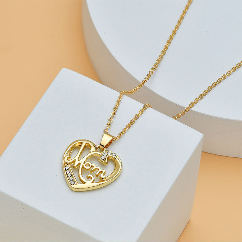 Mother's Day Mom Heart Shape With Diamond Letter Necklace Women Fashion Jewelry