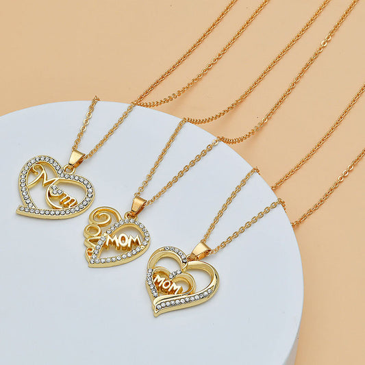 Mother's Day Mom Heart Shape With Diamond Letter Necklace Women Fashion Jewelry