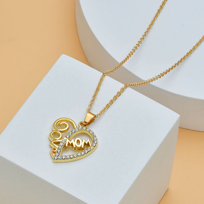 Mother's Day Mom Heart Shape With Diamond Letter Necklace Women Fashion Jewelry