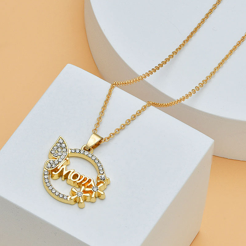 Mother's Day Mom Heart Shape With Diamond Letter Necklace Women Fashion Jewelry