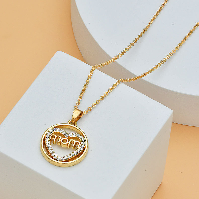 Mother's Day Mom Heart Shape With Diamond Letter Necklace Women Fashion Jewelry