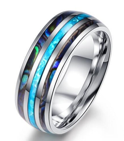 Nuncad Tungsten Carbide Ring Band Abalone Shell and Synthetic Opal