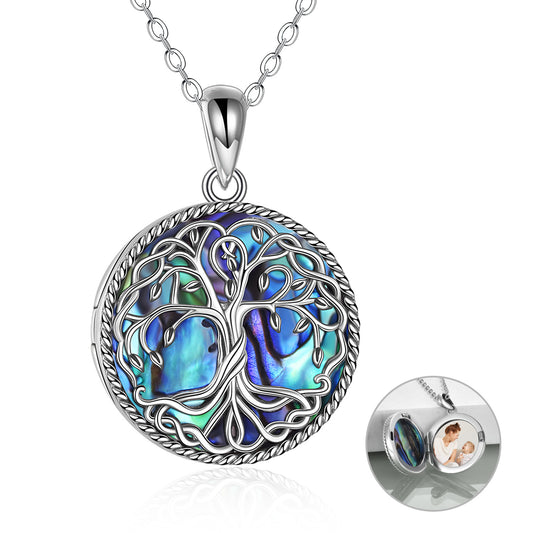 Tree of Life Locket Necklace for Women Sterling Silver Celtic Family Tree Abalone Shell Lockets