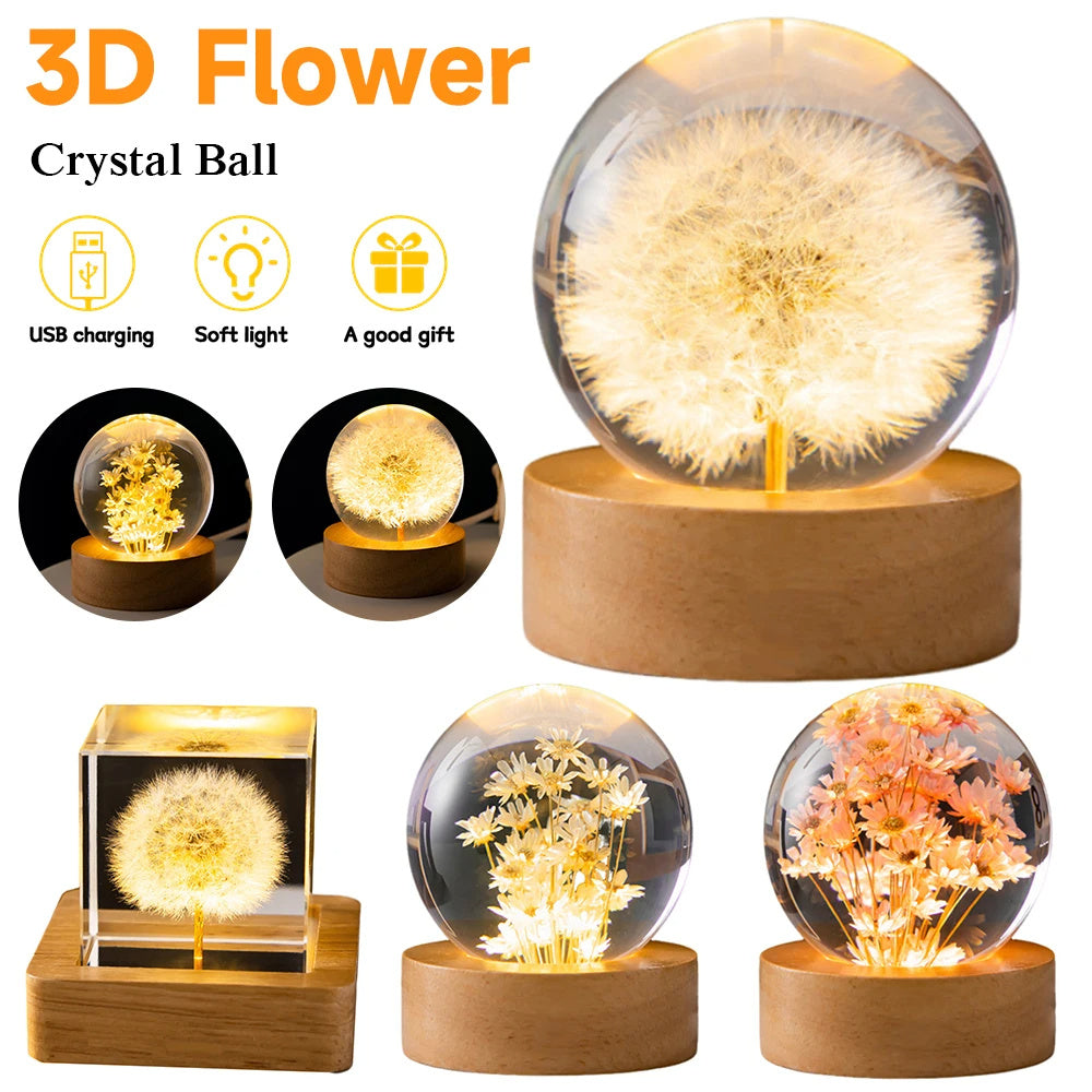 LED Night Light Flower Crystal Ball Bedroom Ambient Light Creative Gift