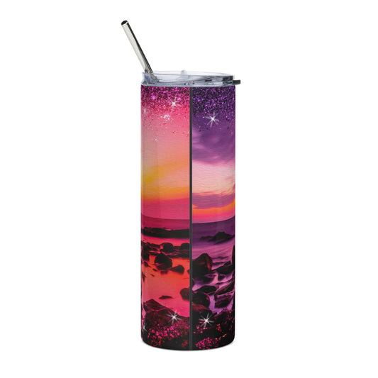 Purple Sunset on Rocky Beach Stainless steel tumbler