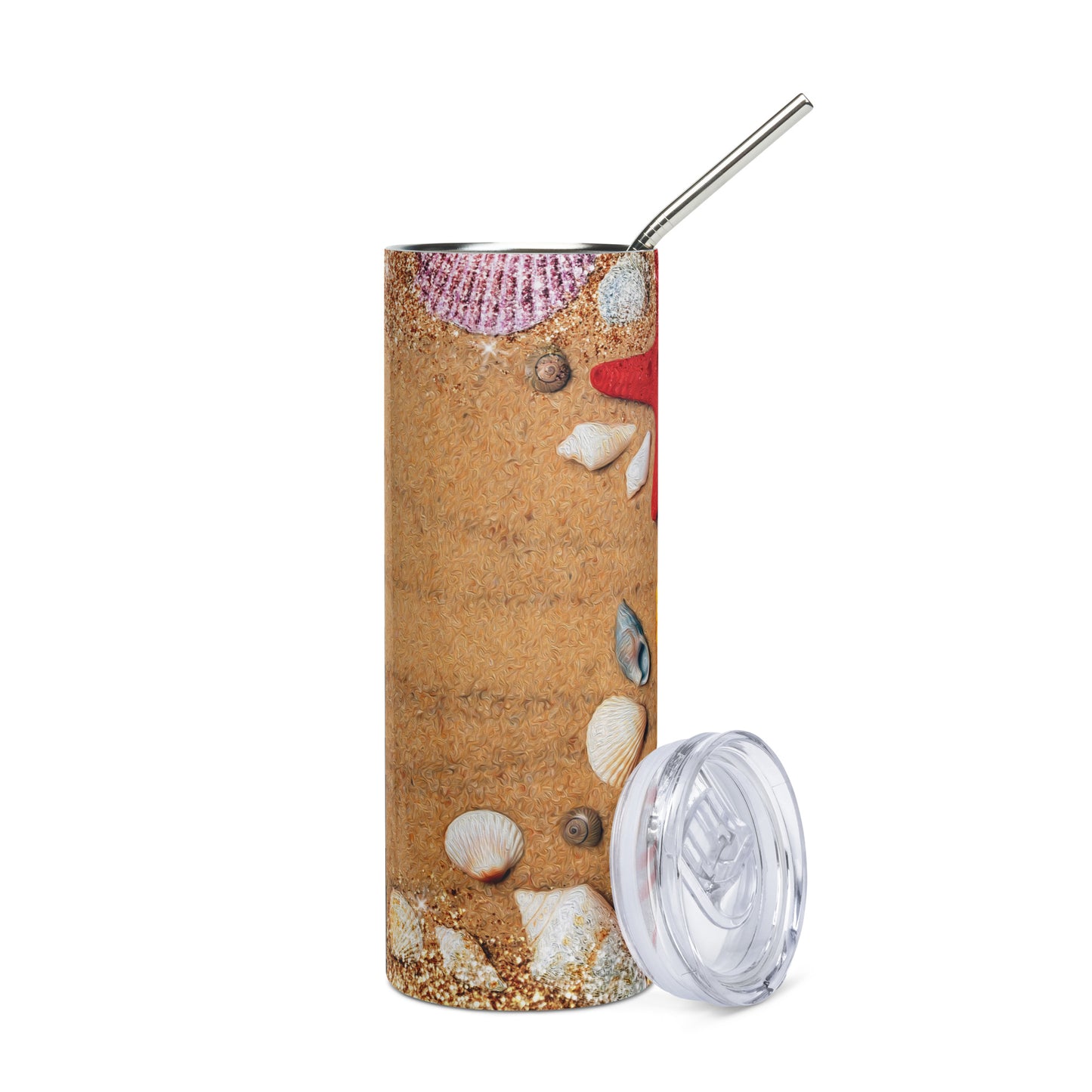 Sandy Beach Pebbles Seashells and Starfish Stainless steel tumbler