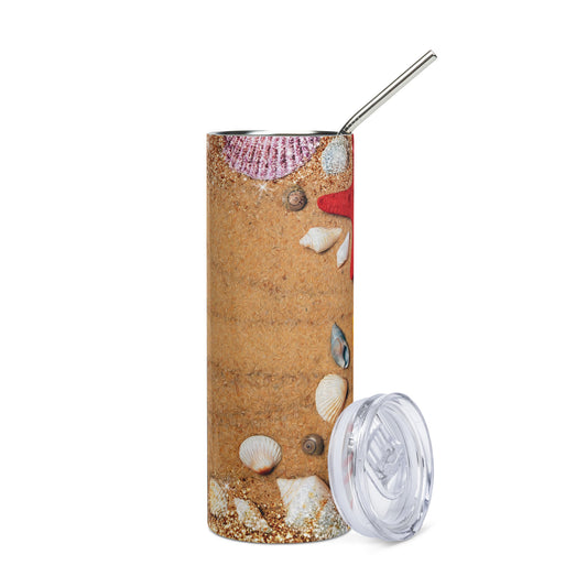 Sandy Beach Pebbles Seashells and Starfish Stainless steel tumbler